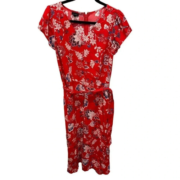 NWT Talbots Women's Red Floral Short Sleeve V-Neck Back Zip Midi Dress Size 8 - Picture 1 of 6